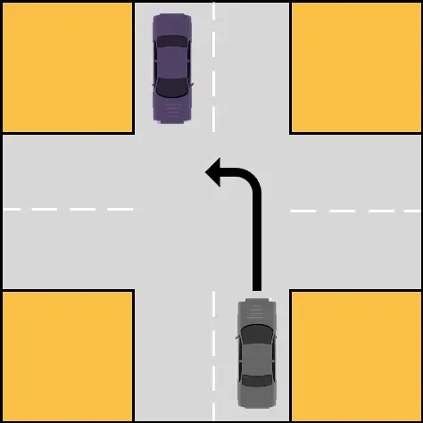 Tourner à gauche lorsqu'une voiture vient de face.